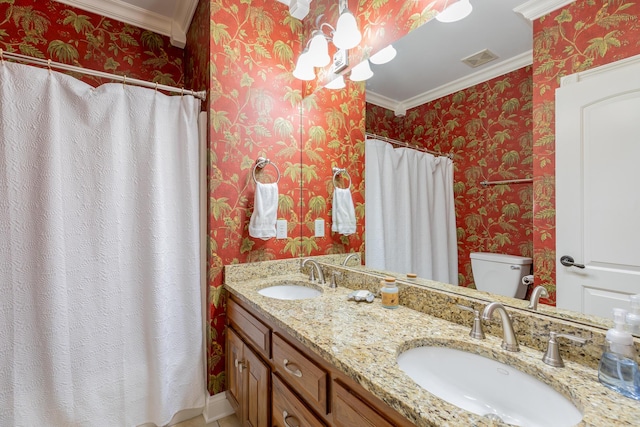 9548 Shadow Crossing Ln, Chattanooga, TN 37421 - bathroom with wallpapered walls, crown molding, toilet, double vanity, and a shower with curtain