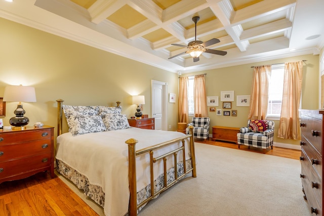 9548 Shadow Crossing Ln, Chattanooga, TN 37421 - bedroom with ornamental molding, beam ceiling, coffered ceiling, wood finished floors, and a ceiling fan