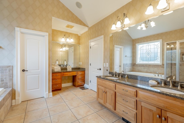 9548 Shadow Crossing Ln, Chattanooga, TN 37421 - full bath with lofted ceiling, double vanity, wallpapered walls, a garden tub, and tile patterned flooring