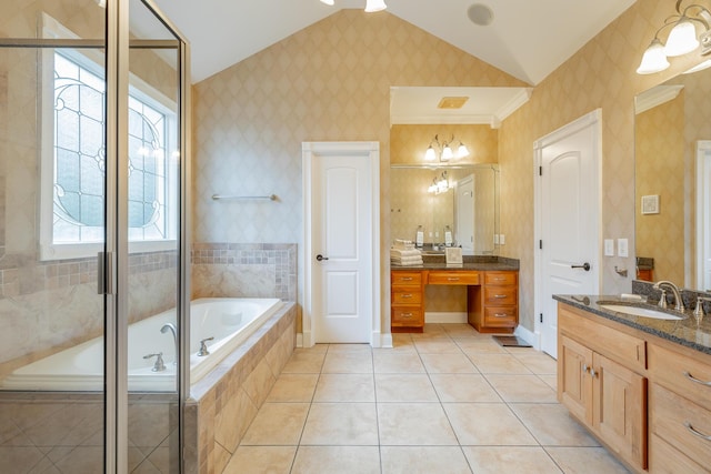 9548 Shadow Crossing Ln, Chattanooga, TN 37421 - full bath featuring vaulted ceiling, wallpapered walls, plenty of natural light, a bath, and vanity