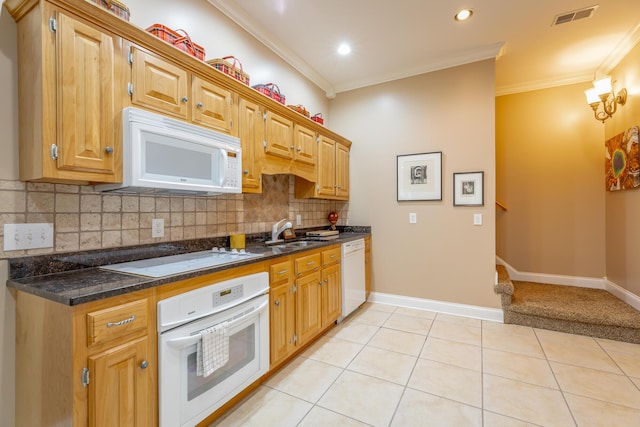 9548 Shadow Crossing Ln, Chattanooga, TN 37421 - kitchen with white appliances, a sink, crown molding, decorative backsplash, and baseboards