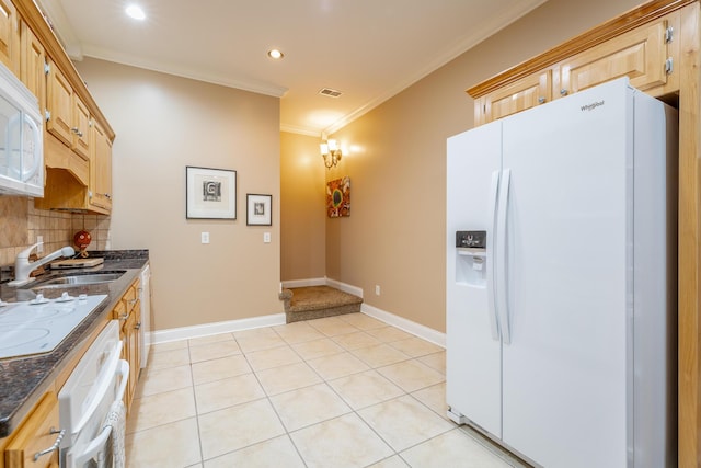9548 Shadow Crossing Ln, Chattanooga, TN 37421 - kitchen with white appliances, a sink, crown molding, tasteful backsplash, and recessed lighting