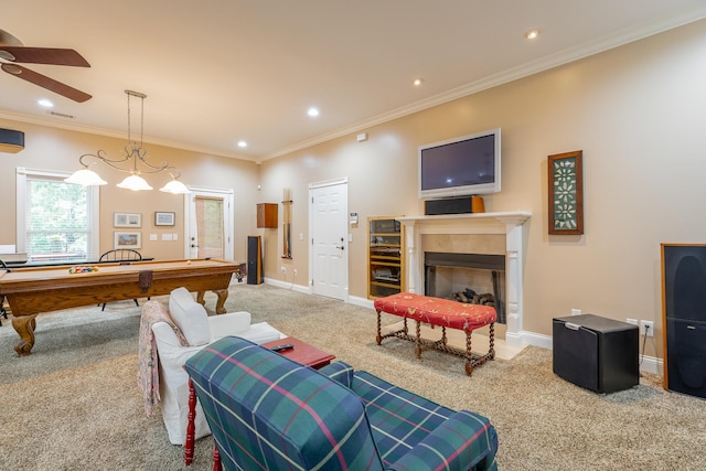 9548 Shadow Crossing Ln, Chattanooga, TN 37421 - playroom with carpet, a ceiling fan, pool table, crown molding, and recessed lighting