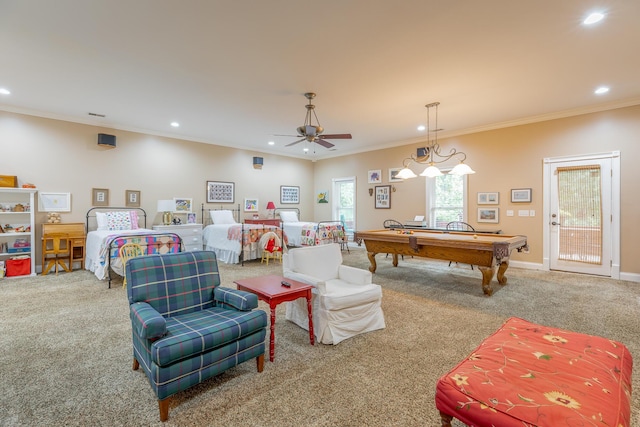 9548 Shadow Crossing Ln, Chattanooga, TN 37421 - game room featuring carpet flooring, recessed lighting, crown molding, billiards table, and a ceiling fan