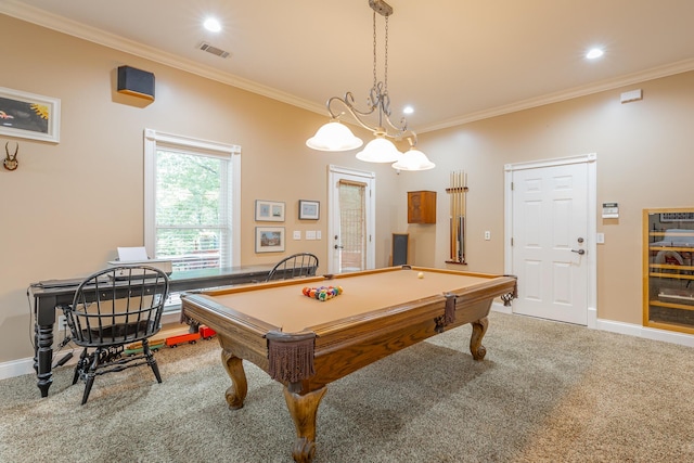 9548 Shadow Crossing Ln, Chattanooga, TN 37421 - game room with crown molding, light colored carpet, baseboards, recessed lighting, and billiards table