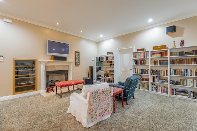 9548 Shadow Crossing Ln, Chattanooga, TN 37421 - living room featuring carpet floors, ornamental molding, a fireplace, and recessed lighting