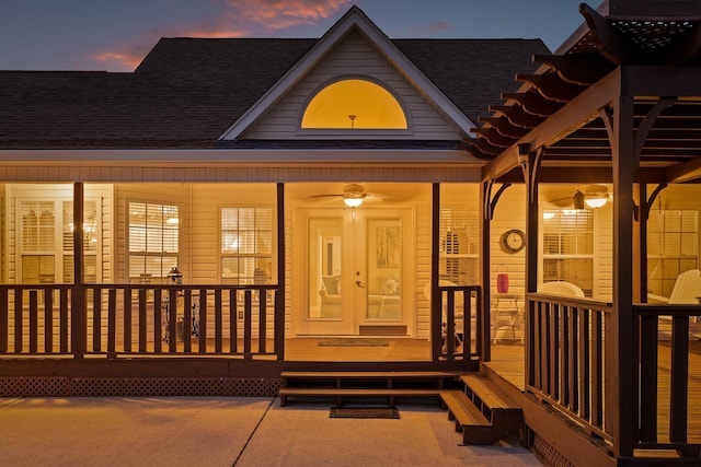 102 Water Mill Trce, Ringgold, GA 30736 - property entrance featuring covered porch, roof with shingles, and french doors