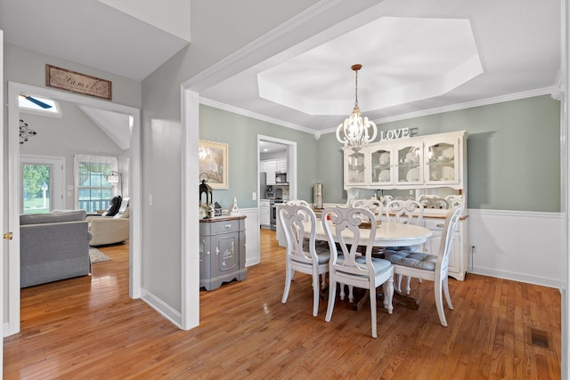 102 Water Mill Trce, Ringgold, GA 30736 - dining area with a tray ceiling, a chandelier, light wood-type flooring, ornamental molding, and wainscoting