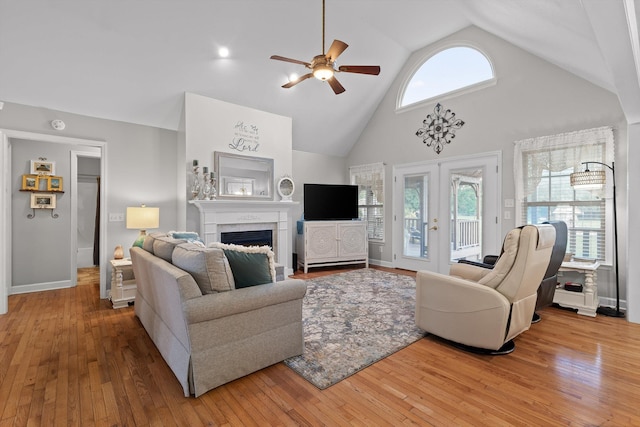 102 Water Mill Trce, Ringgold, GA 30736 - living room featuring ceiling fan, hardwood / wood-style flooring, high vaulted ceiling, and a fireplace