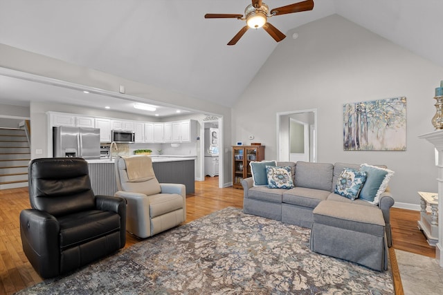 102 Water Mill Trce, Ringgold, GA 30736 - living room featuring a ceiling fan, high vaulted ceiling, stairway, light wood finished floors, and recessed lighting