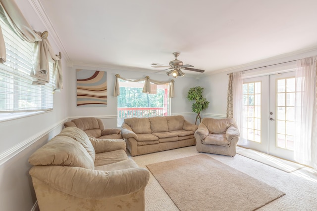 1625 Lisa Lynn Dr, Hixson, TN 37343 - carpeted living room featuring ornamental molding, healthy amount of natural light, french doors, and a ceiling fan