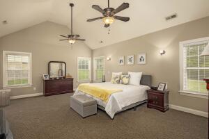 9704 Starry Way, Soddy Daisy, TN 37379 - bedroom featuring lofted ceiling, baseboards, a ceiling fan, and carpet flooring