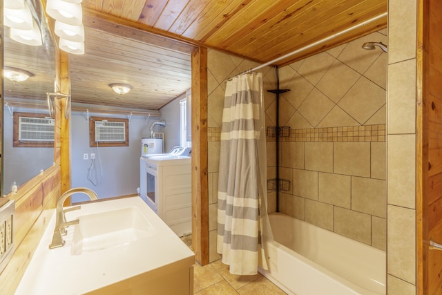 252 Valley View Dr, Dunlap, TN 37327 - full bathroom with wood ceiling, washer / dryer, vanity, shower / bath combo with shower curtain, and tile patterned floors
