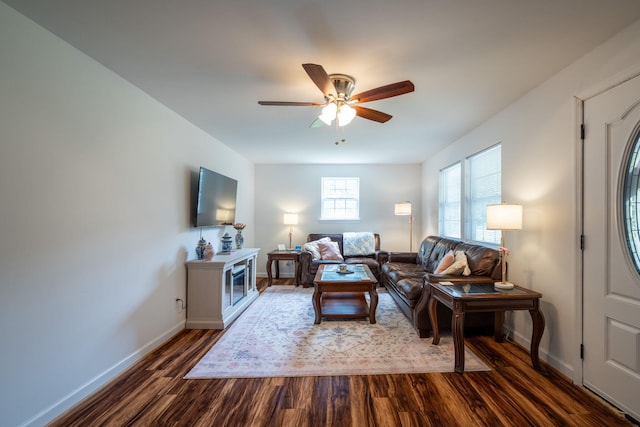 300 Bronco Rd, Lafayette, GA 30728 - living room with dark wood-style floors, ceiling fan, and baseboards