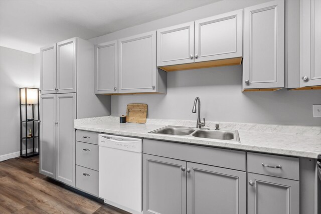 900 Mountain Creek Rd Unit P234, Chattanooga, TN 37405 - kitchen featuring white dishwasher, a sink, dark wood-type flooring, gray cabinets, and baseboards