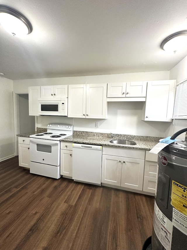 2011 Milne St, Chattanooga, TN 37406 - kitchen with white appliances, dark wood-type flooring, white cabinets, and stone countertops