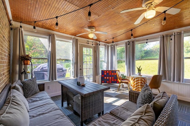 3606 Gleason Dr, Chattanooga, TN 37412 - sunroom / solarium with wooden ceiling, ceiling fan, healthy amount of natural light, and brick wall