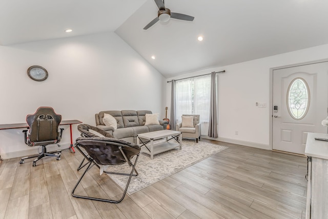2091 Hummingbird Dr, Dalton, GA 30721 - living room featuring a ceiling fan, vaulted ceiling, light wood finished floors, and recessed lighting