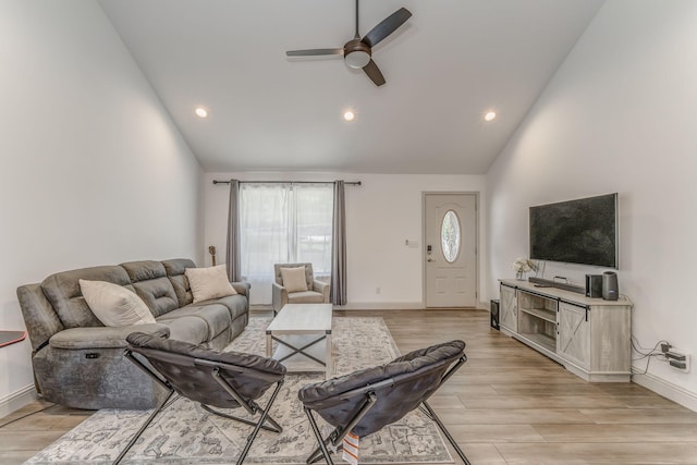 2091 Hummingbird Dr, Dalton, GA 30721 - living area with high vaulted ceiling, ceiling fan, recessed lighting, and light wood finished floors