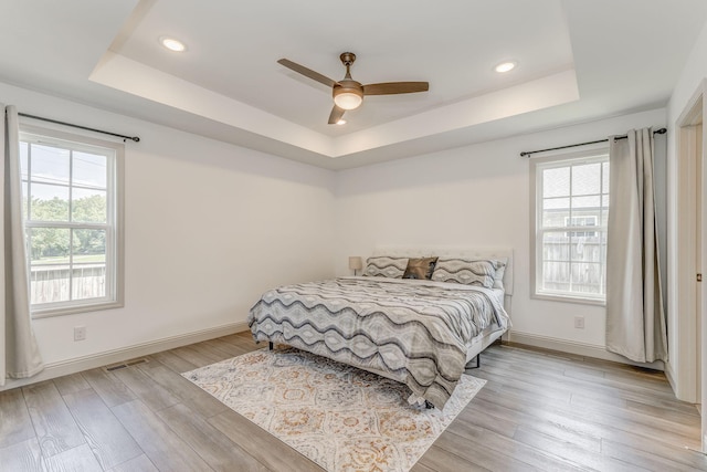 2091 Hummingbird Dr, Dalton, GA 30721 - bedroom featuring a raised ceiling, multiple windows, light wood finished floors, and recessed lighting