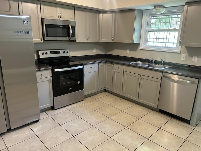3955 Teakwood Dr, Chattanooga, TN 37416 - kitchen featuring appliances with stainless steel finishes, a sink, dark countertops, and gray cabinetry