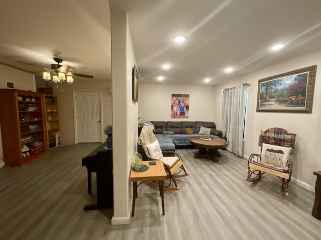 690 Ditch Gap Rd, Whitwell, TN 37397 - living room featuring wood finished floors, a ceiling fan, recessed lighting, and baseboards