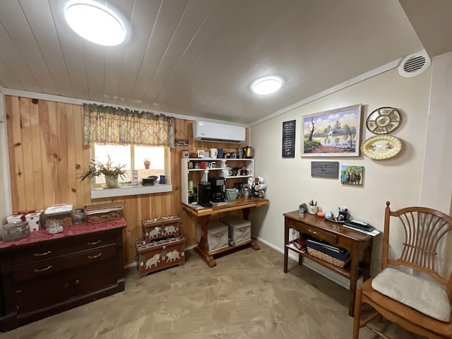 690 Ditch Gap Rd, Whitwell, TN 37397 - office with a wall unit AC, vaulted ceiling, and wooden walls