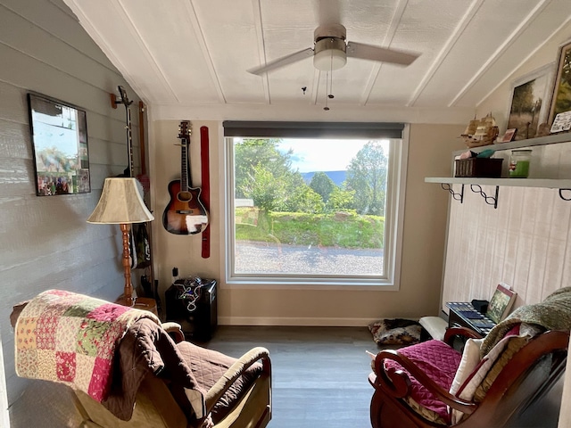 690 Ditch Gap Rd, Whitwell, TN 37397 - living area with vaulted ceiling, wood finished floors, a ceiling fan, and baseboards