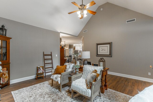 2311 Waterhaven Dr, Chattanooga, TN 37406 - sitting room featuring a ceiling fan, wood finished floors, high vaulted ceiling, and a chandelier