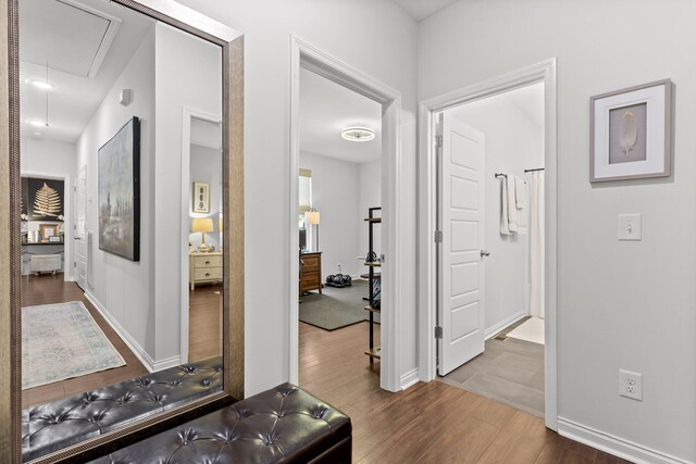 812 Merriam St, Chattanooga, TN 37405 - hall with attic access and dark wood-style floors