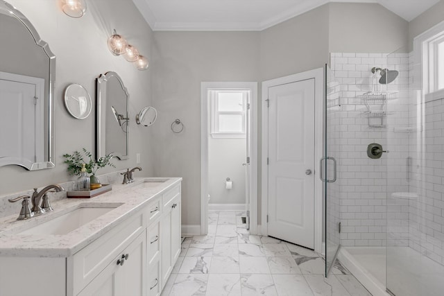 410 Stringer St, Chattanooga, TN 37405 - full bathroom featuring marble finish flooring, a shower stall, double vanity, crown molding, and baseboards