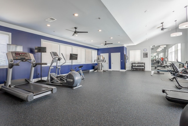 200 Manufacturers Rd Apt 507, Chattanooga, TN 37405 - gym featuring a ceiling fan and recessed lighting
