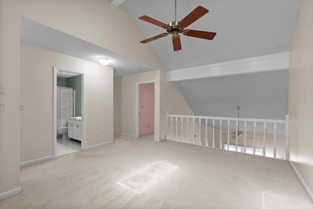 6590 Hickory Brook Rd, Chattanooga, TN 37421 - additional living space featuring ceiling fan, beamed ceiling, carpet, baseboards, and high vaulted ceiling