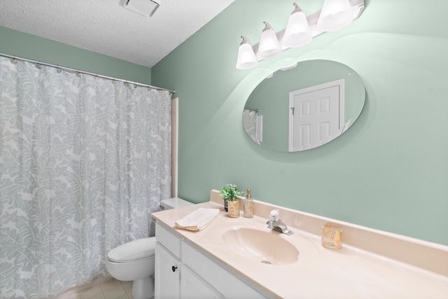 6590 Hickory Brook Rd, Chattanooga, TN 37421 - full bath with vanity, toilet, a textured ceiling, a shower with curtain, and tile patterned floors