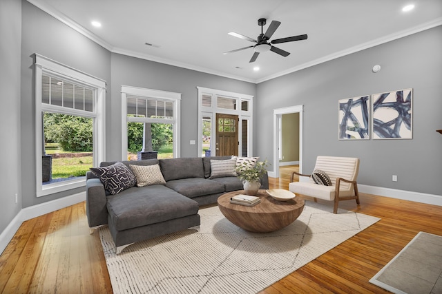 208 E Villanow St, Lafayette, GA 30728 - living room featuring baseboards, crown molding, light wood-style floors, recessed lighting, and a ceiling fan
