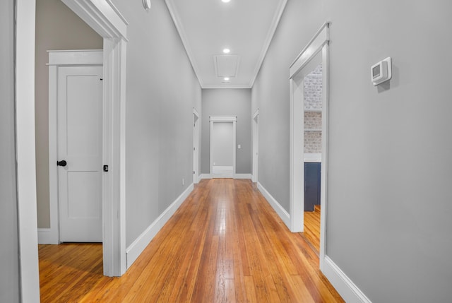 208 E Villanow St, Lafayette, GA 30728 - hall featuring attic access, light wood-type flooring, crown molding, baseboards, and recessed lighting