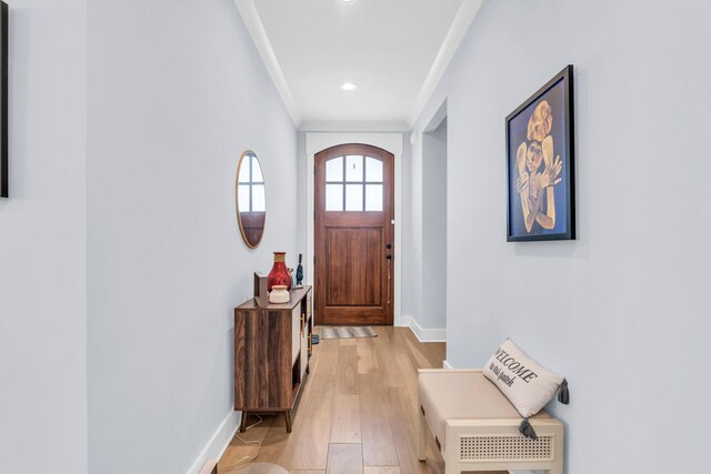 9257 Skyfall Dr, Ooltewah, TN 37363 - entryway with ornamental molding, light wood-type flooring, baseboards, and recessed lighting