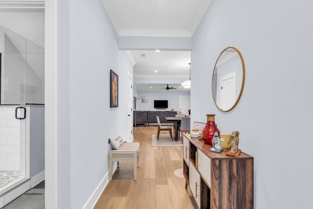 9257 Skyfall Dr, Ooltewah, TN 37363 - hall featuring ornamental molding, light wood finished floors, baseboards, and recessed lighting