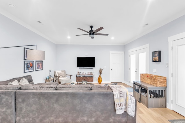 9257 Skyfall Dr, Ooltewah, TN 37363 - living area featuring light wood-style floors, ceiling fan, baseboards, recessed lighting, and french doors