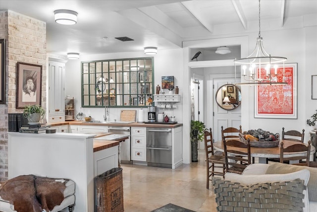 1000 E Martin Luther King Blvd Unit 102, Chattanooga, TN 37403 - kitchen with butcher block countertops, stainless steel dishwasher, beamed ceiling, a chandelier, and pendant lighting