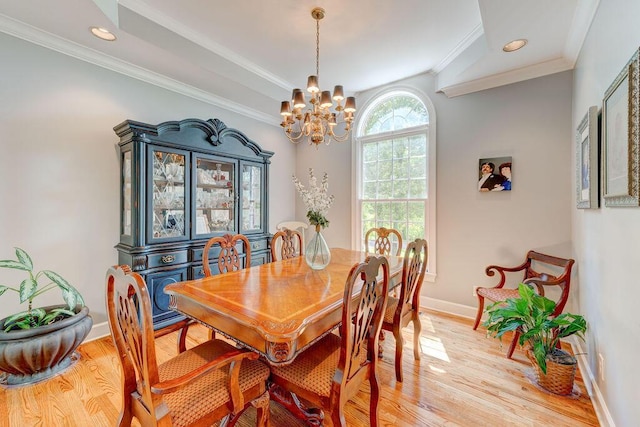 81 Arnold Rd, Rock Spring, GA 30739 - dining space featuring a chandelier, light wood finished floors, baseboards, crown molding, and recessed lighting