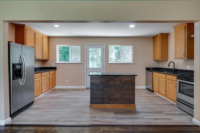 1373 Meadowood Dr, Hixson, TN 37343 - kitchen with appliances with stainless steel finishes, baseboards, light wood-style floors, and recessed lighting