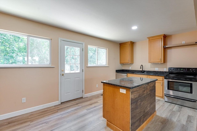1373 Meadowood Dr, Hixson, TN 37343 - kitchen with stainless steel appliances, light wood finished floors, recessed lighting, a sink, and baseboards