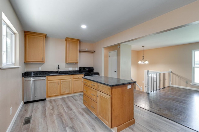 1373 Meadowood Dr, Hixson, TN 37343 - kitchen with dishwasher, black electric range oven, light wood-style floors, a sink, and a chandelier