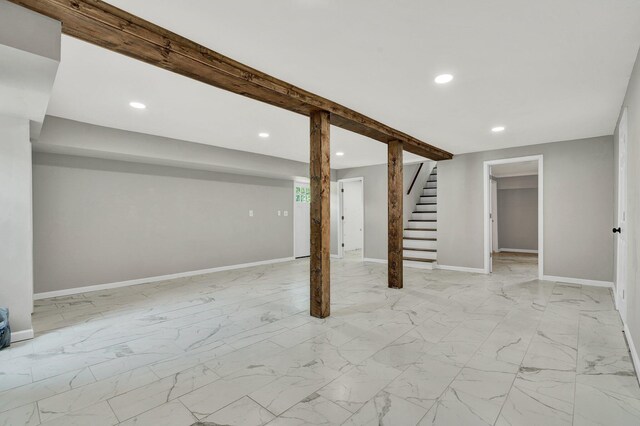 1204 Greenwood Rd, Chattanooga, TN 37411 - finished basement featuring stairs, recessed lighting, baseboards, and light marble finish floors