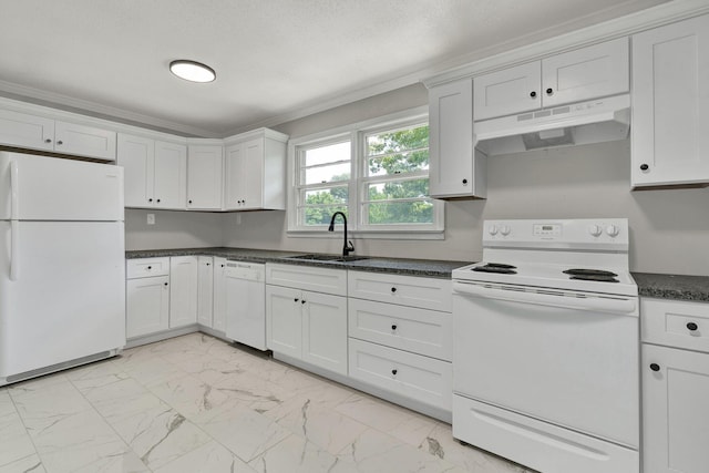 1204 Greenwood Rd, Chattanooga, TN 37411 - kitchen featuring white appliances, a sink, under cabinet range hood, light marble finish floors, and ornamental molding
