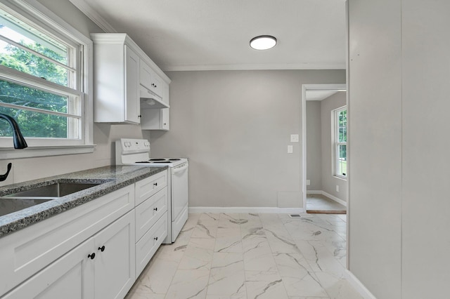 1204 Greenwood Rd, Chattanooga, TN 37411 - kitchen featuring white range with electric cooktop, a sink, light marble finish flooring, dark stone counters, and baseboards