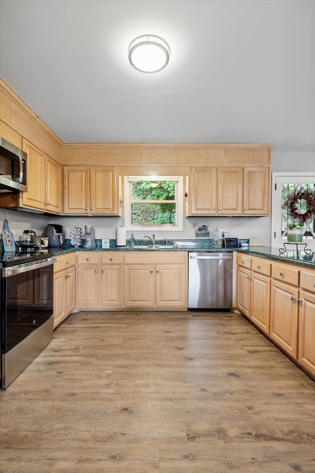 787 Flinn Dr, Chattanooga, TN 37412 - kitchen featuring appliances with stainless steel finishes, light brown cabinetry, a sink, and light wood-style flooring