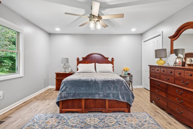 787 Flinn Dr, Chattanooga, TN 37412 - bedroom featuring light wood-style flooring, baseboards, ceiling fan, and recessed lighting