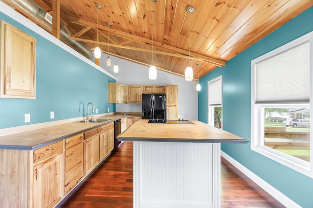 7815 Parkshore Cir, Hixson, TN 37343 - kitchen with black appliances, light brown cabinets, wooden ceiling, dark wood-style flooring, and a kitchen island